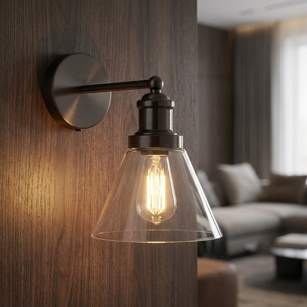 Industrial black wall light with a clear conical glass shade and warm Edison bulb on a dark wood panel.