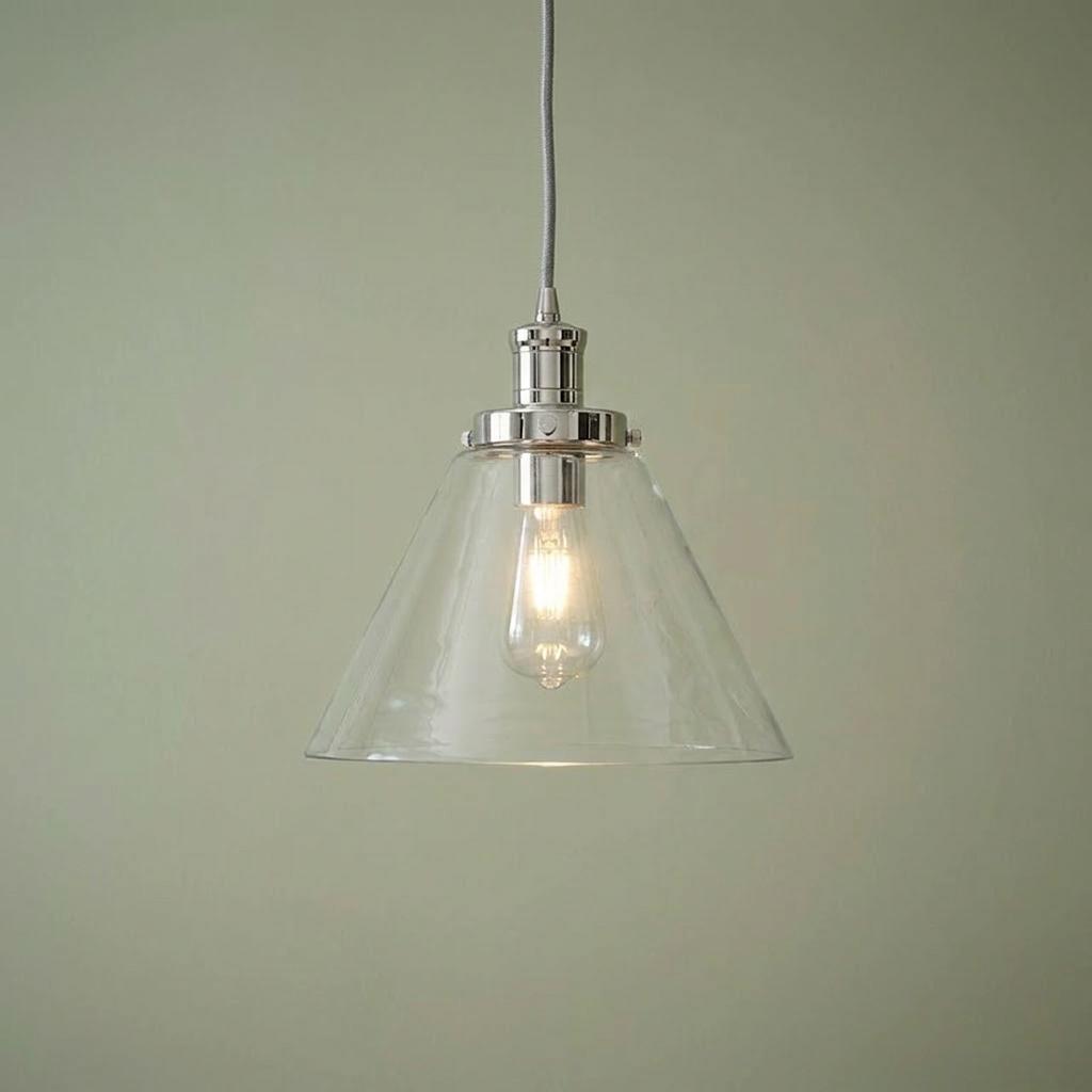 Pyramid clear glass pendant light with chrome hardware and an illuminated bulb against a sage green wall.