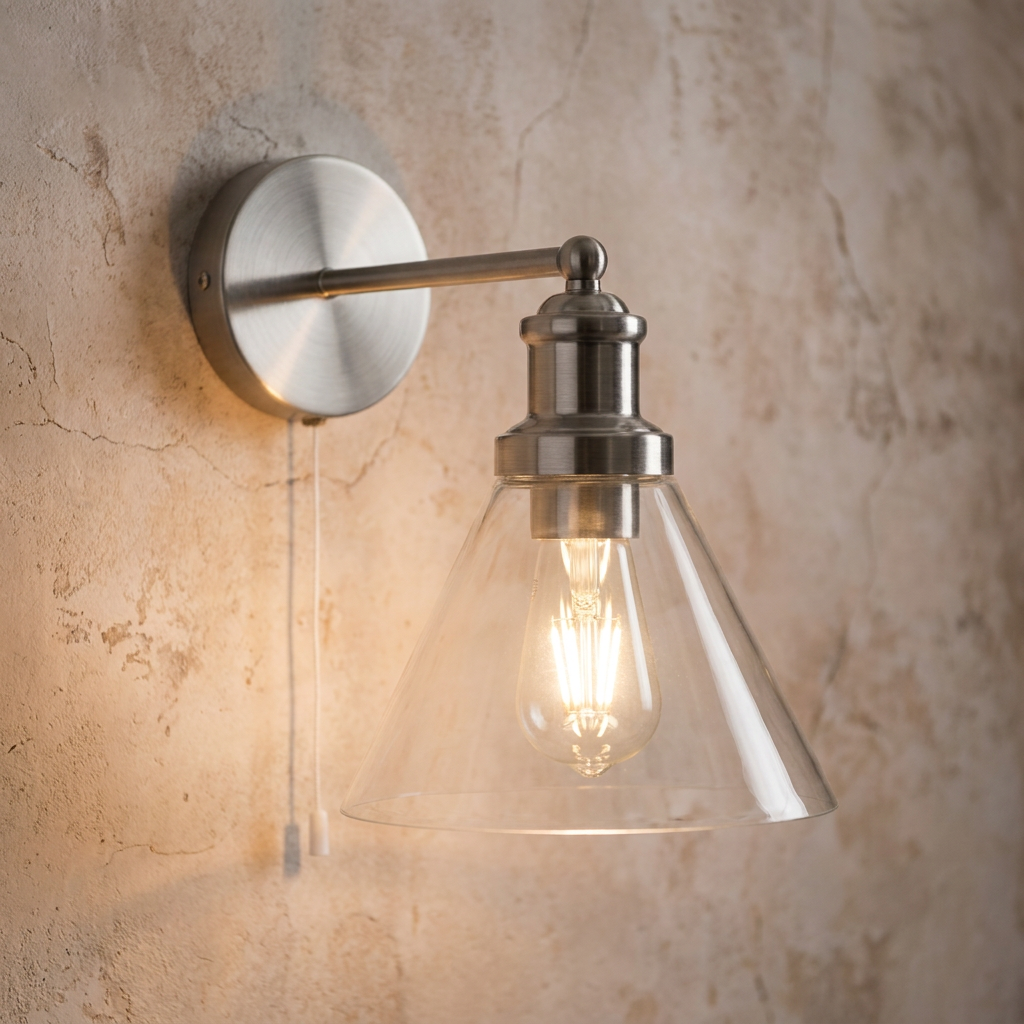 Brushed silver wall light with a clear pyramid glass shade and pull cord on a textured wall.
