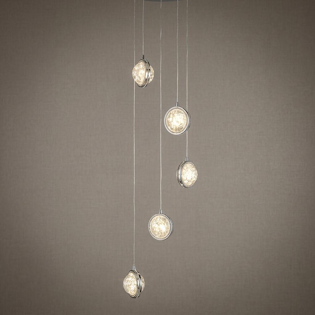 Quartz 5-light multi-drop pendant with chrome-rimmed bubble glass shades staggered at varying heights.