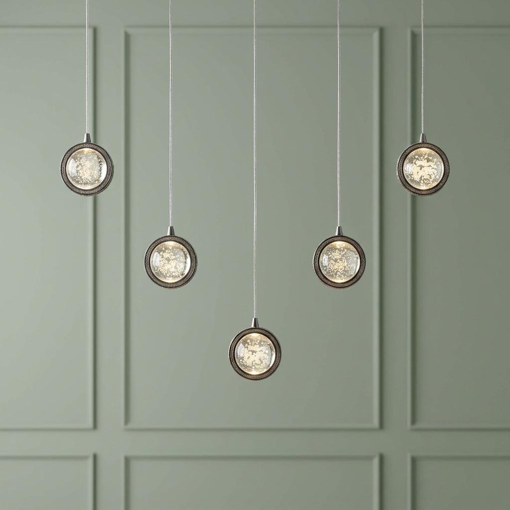 Quartz 5-light pendant with chrome-framed bubble glass shades staggered against a sage green paneled wall.