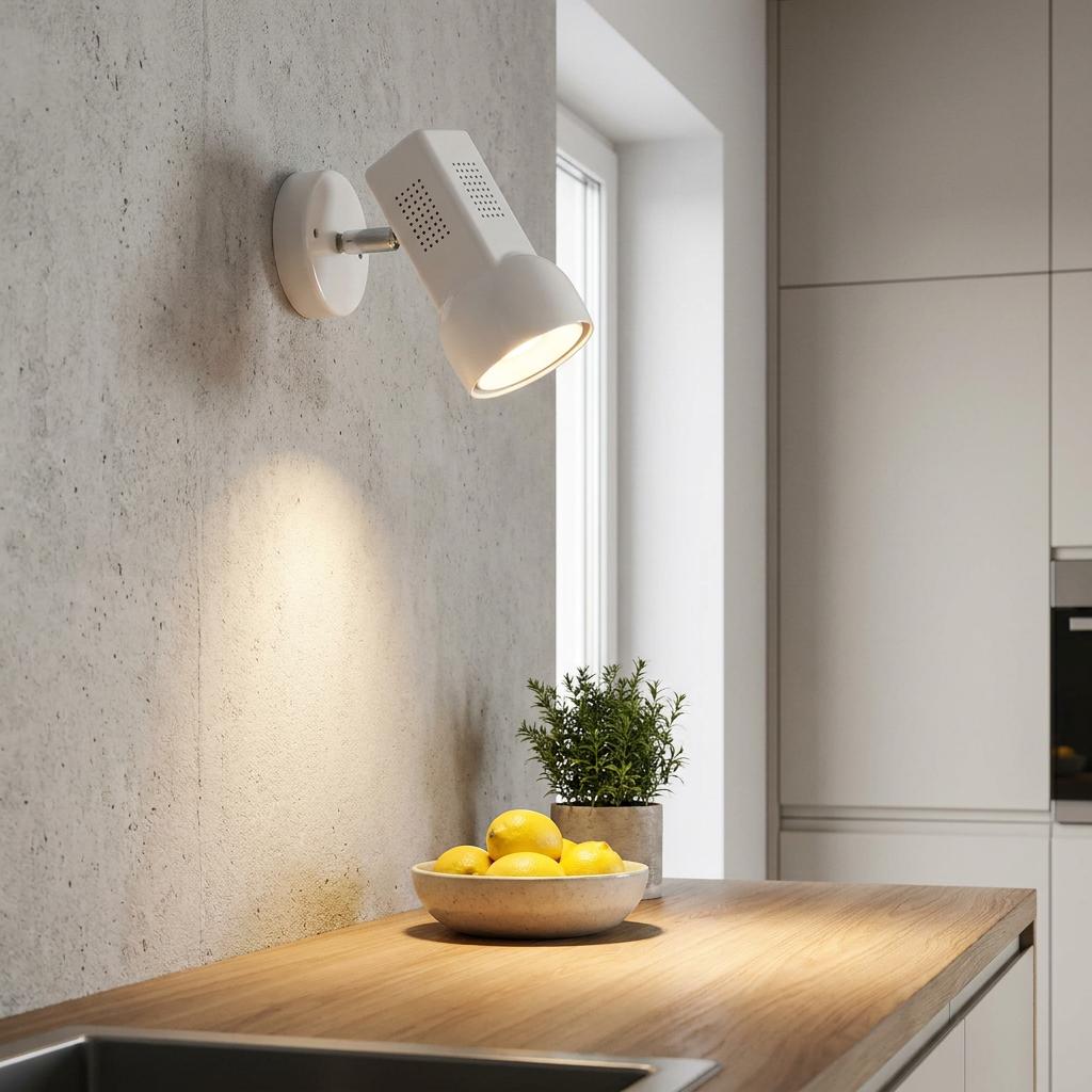 White adjustable single spotlight mounted on a concrete wall, casting light onto a kitchen counter.