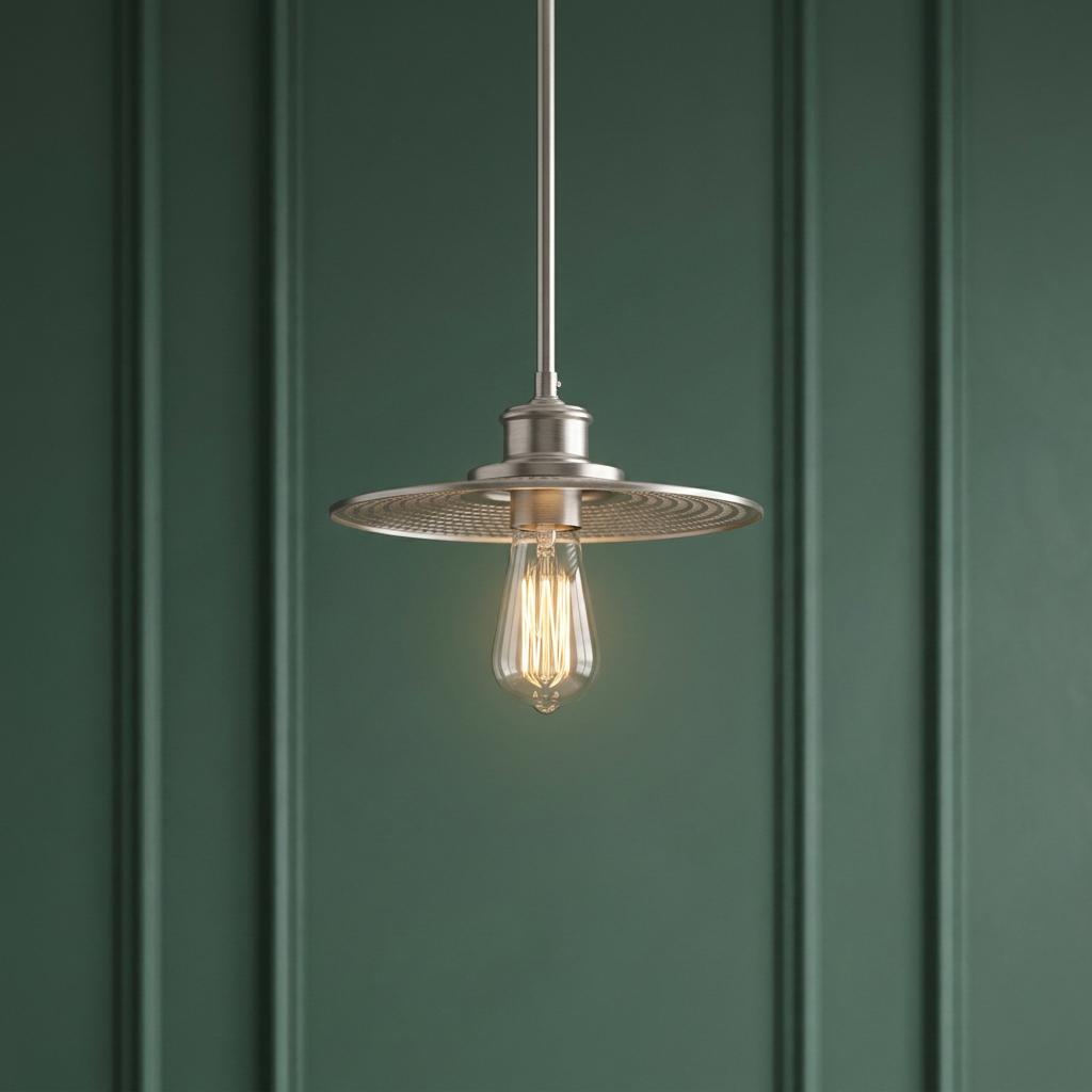 Industrial nickel pendant light with a mesh shade and Edison bulb against a dark green paneled wall.