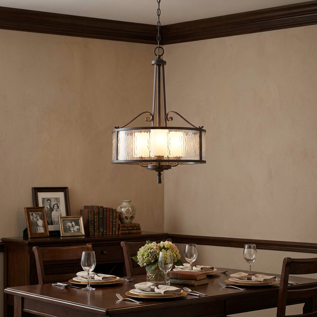 Quoizel Adonis 3-light dark cherry pendant with textured glass shade hanging above a set dining table.