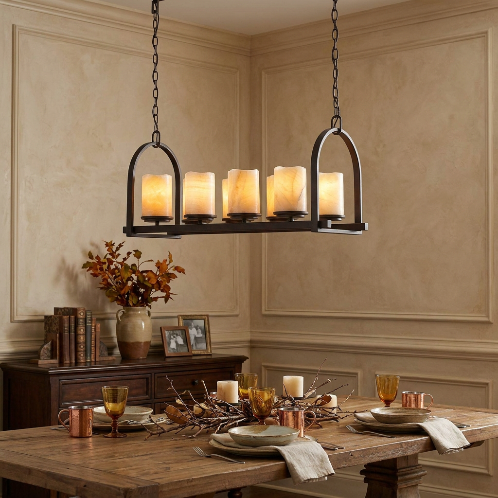 Eight-light island pendant with bronze frame and candle shades hanging over a rustic dining table.