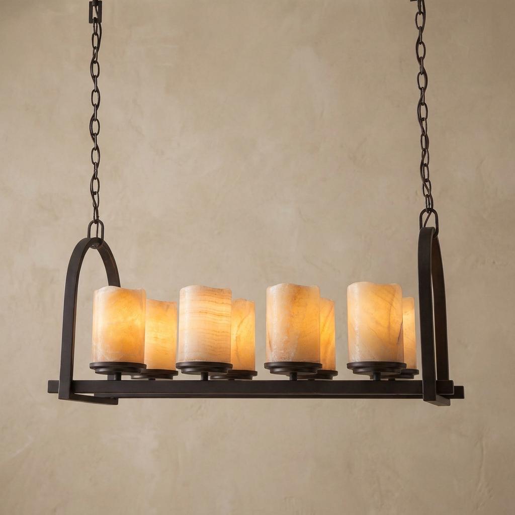 Quoizel Aldora island light in palladian bronze with eight glowing honey-colored stone cylinder shades.