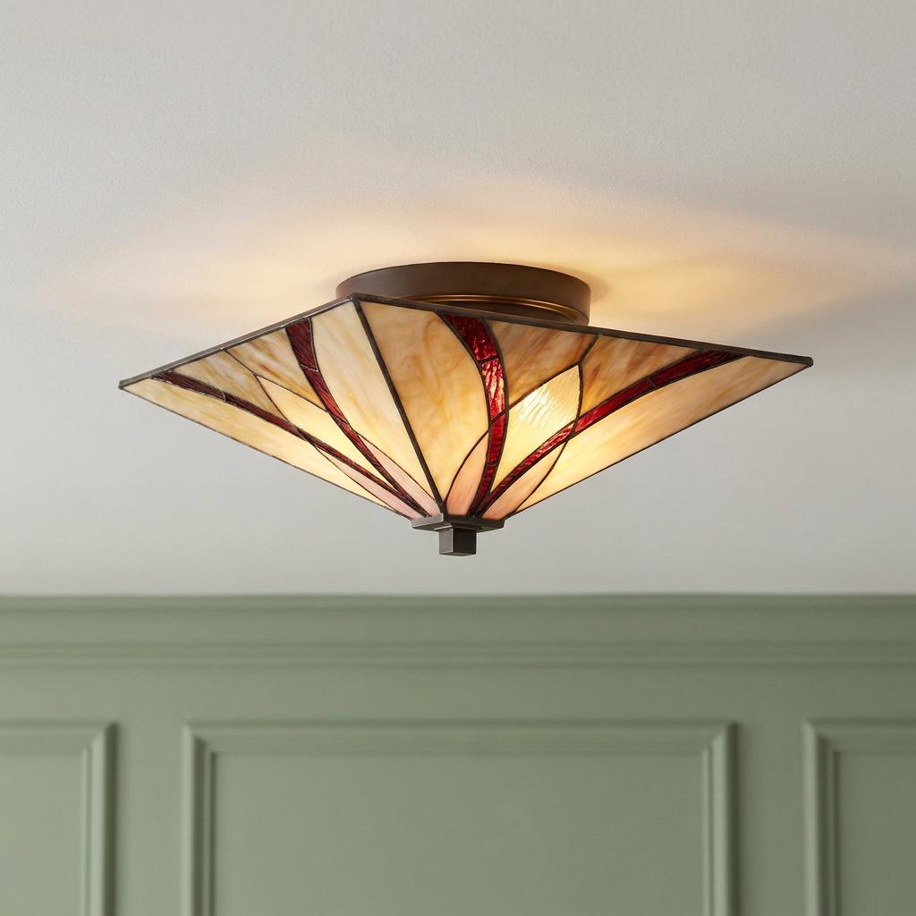 Square Tiffany-style flush mount ceiling light with cream and red stained glass panels on a white ceiling.