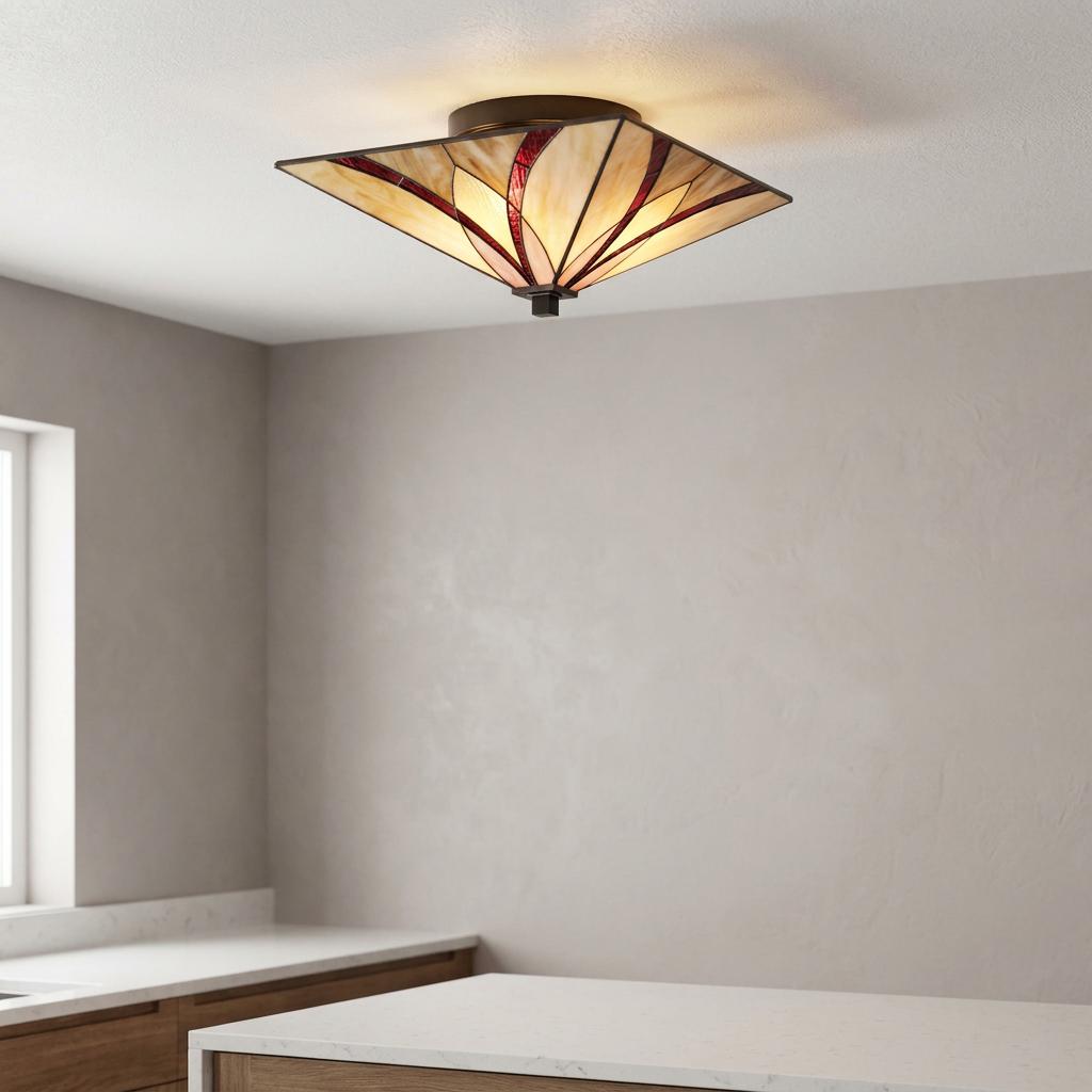 Square Tiffany-style flush mount ceiling light with cream and red stained glass in a modern room setting.