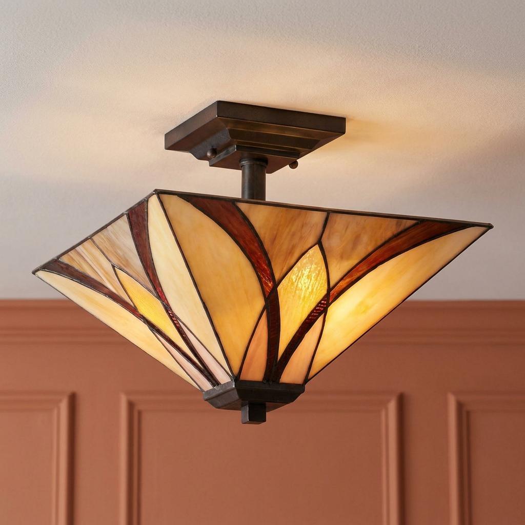 Quoizel Asheville semi-flush Tiffany ceiling light with amber and burgundy stained glass panels.