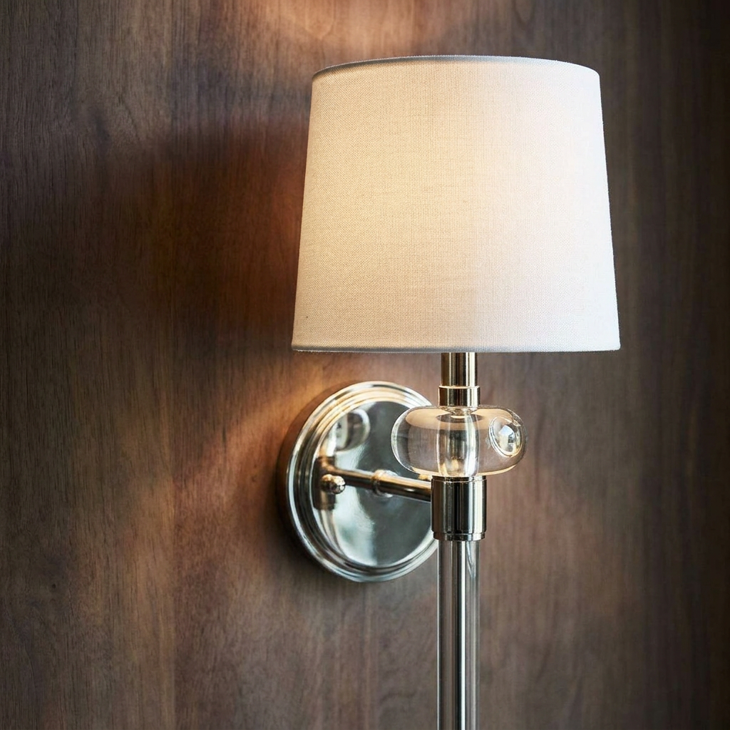 Quoizel Barbour polished nickel wall light with a white fabric shade and clear crystal accents on a dark wood wall.