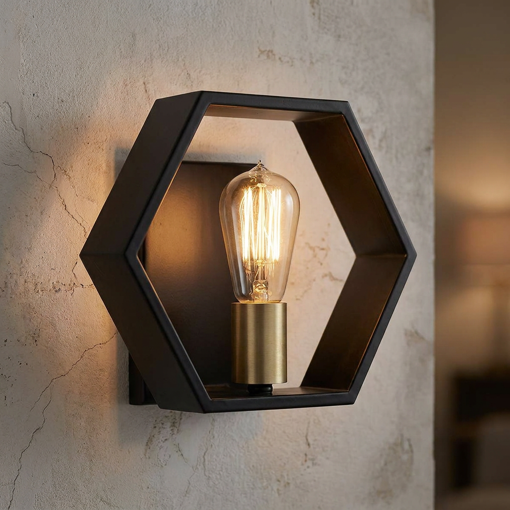 A hexagonal black wall light with a glowing vintage bulb and brass socket against a textured wall.
