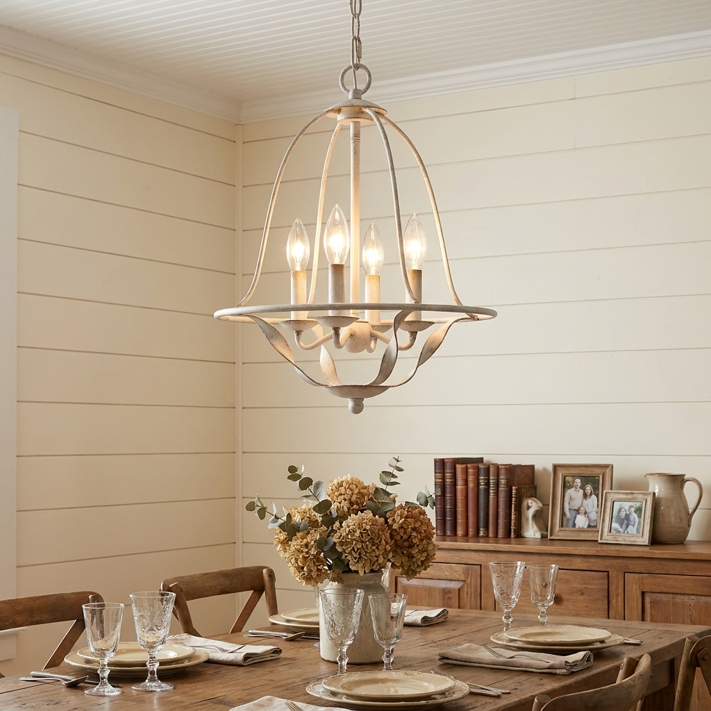Quoizel Bradbury 4-light antique white pendant hanging above a rustic wooden dining table.