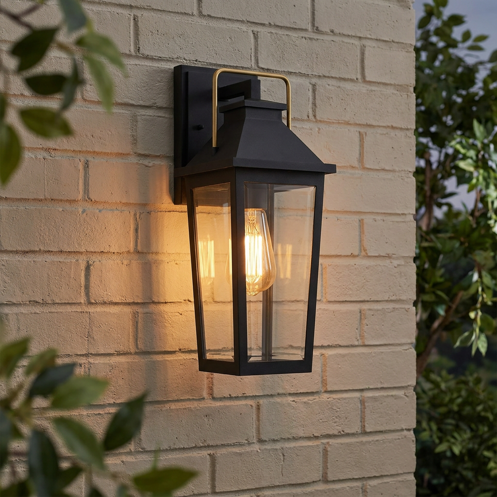 Black coastal outdoor wall lantern with clear glass and a gold handle mounted on a tan brick wall.