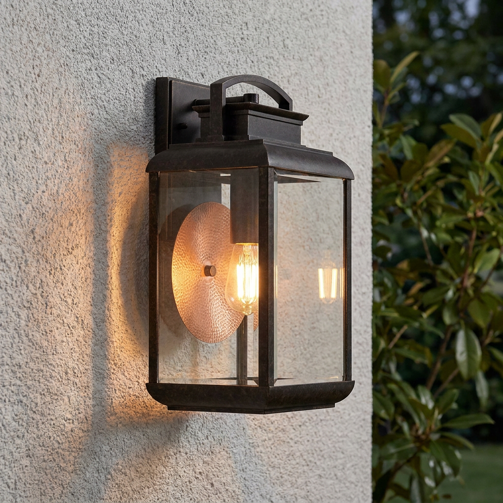 Imperial bronze outdoor wall lantern with clear glass and a warm glowing bulb against a textured wall.