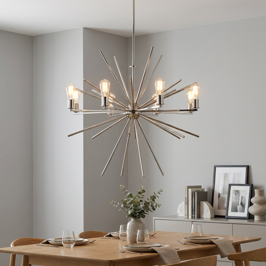 Silver starburst chandelier with exposed bulbs hanging over a wooden dining table in a neutral room.