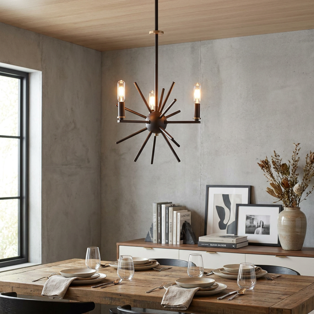 Bronze starburst 3-light chandelier hanging over a wooden dining table in a room with concrete walls.