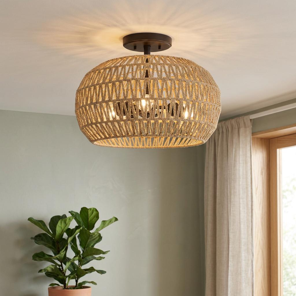 Semi-flush ceiling light with a woven rope shade and bronze mount, glowing above a potted plant.