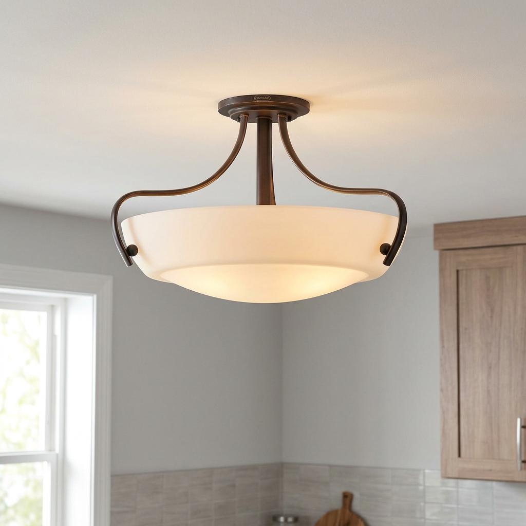 Quoizel Chantilly bronze semi-flush mount ceiling light with an opal glass bowl shade in a kitchen.