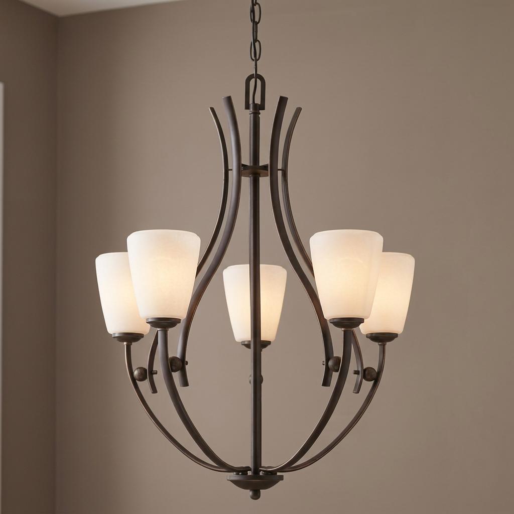 Five-light bronze chandelier with curved metal arms and frosted white glass shades against a neutral wall.