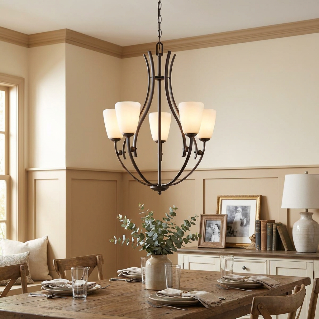 A 5-light bronze chandelier with opal glass shades illuminates a rustic wooden dining room table.