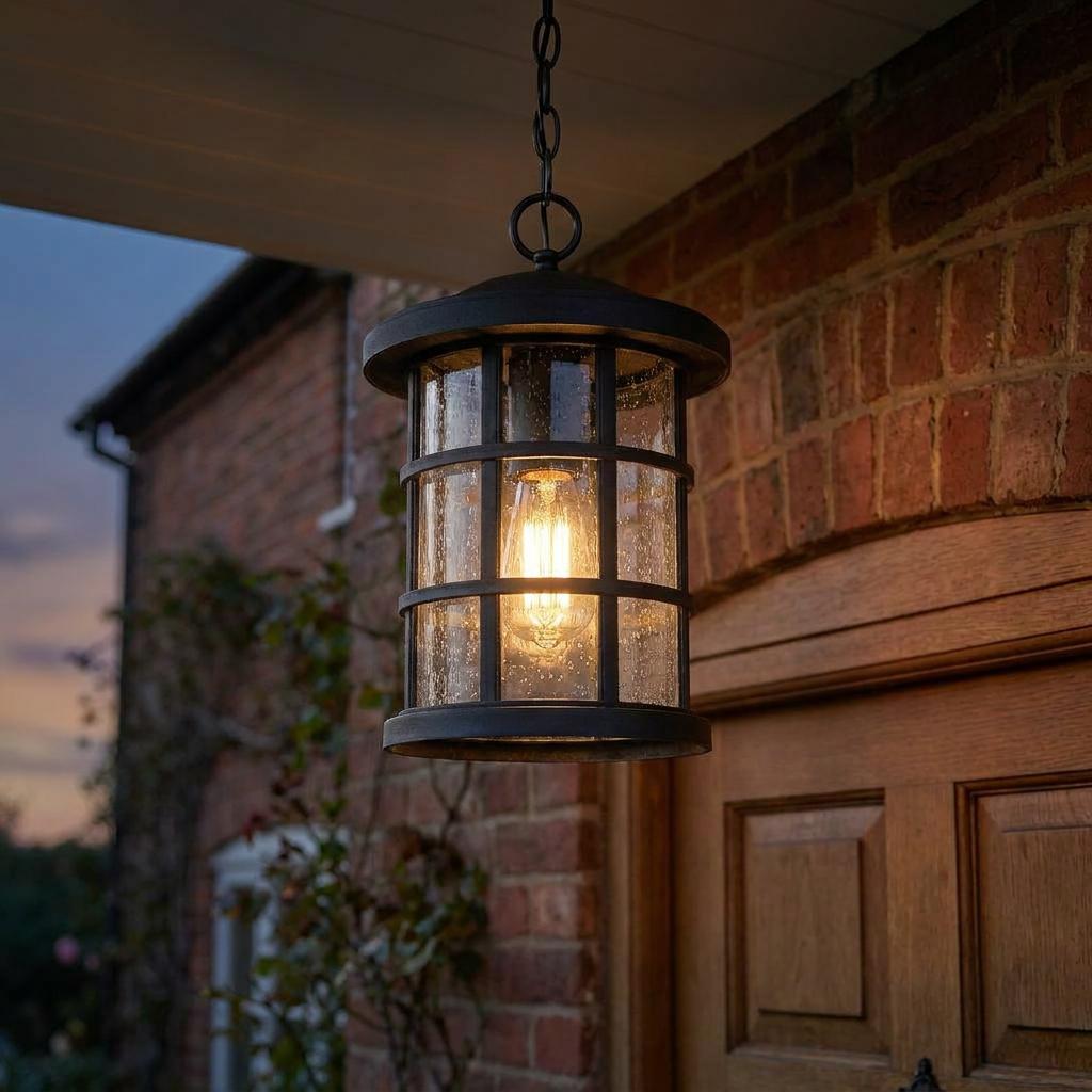 Black caged outdoor lantern with seeded glass and a warm bulb hanging from a porch ceiling against a brick wall.