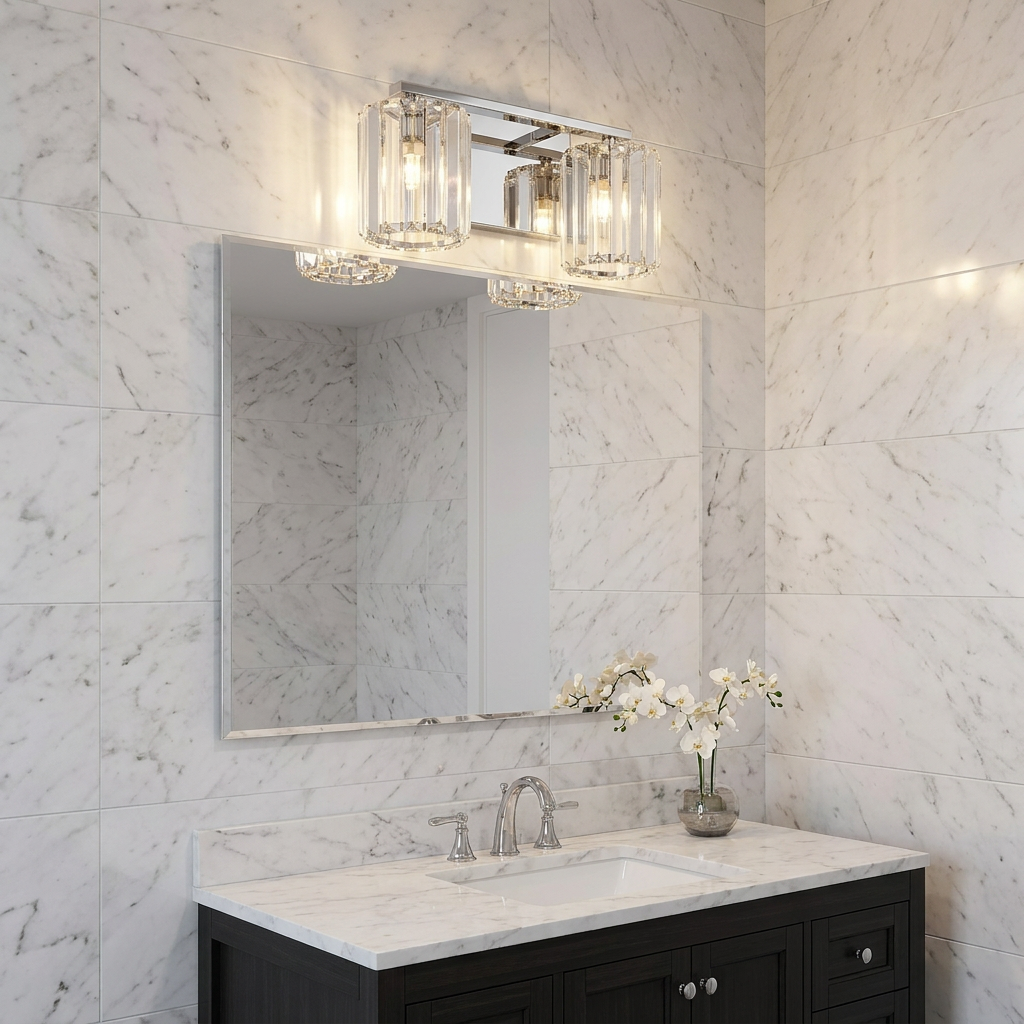 Two-light chrome bathroom wall light with crystal shades mounted above a mirror on white marble tiled walls.