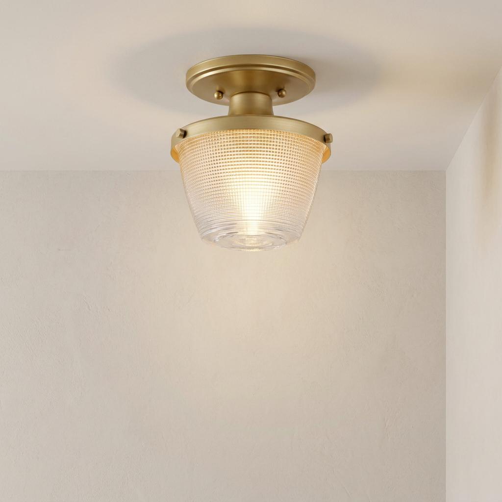 Semi-flush ceiling light with a prismatic glass shade and painted natural brass finish mounted on a white ceiling.