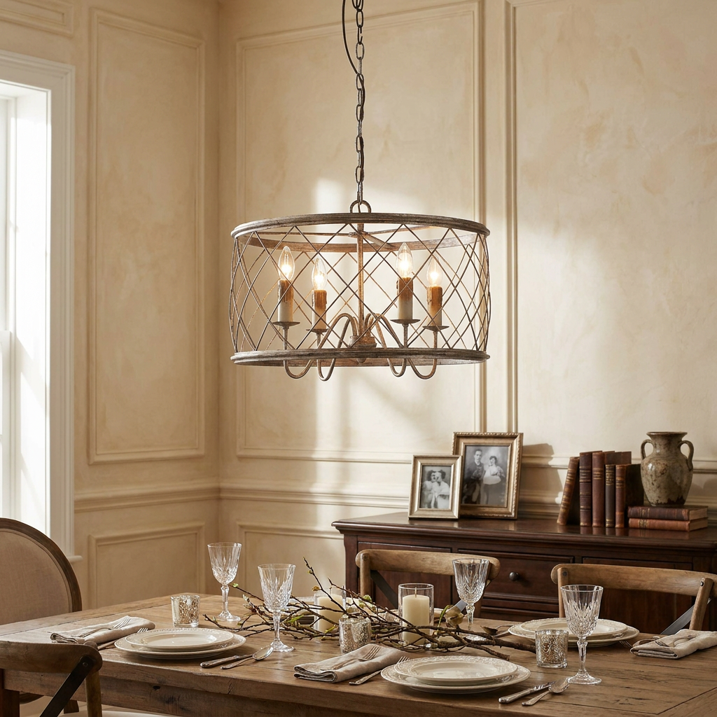 Quoizel Dury 4-light silver drum chandelier with a lattice cage hanging over a rustic dining table.