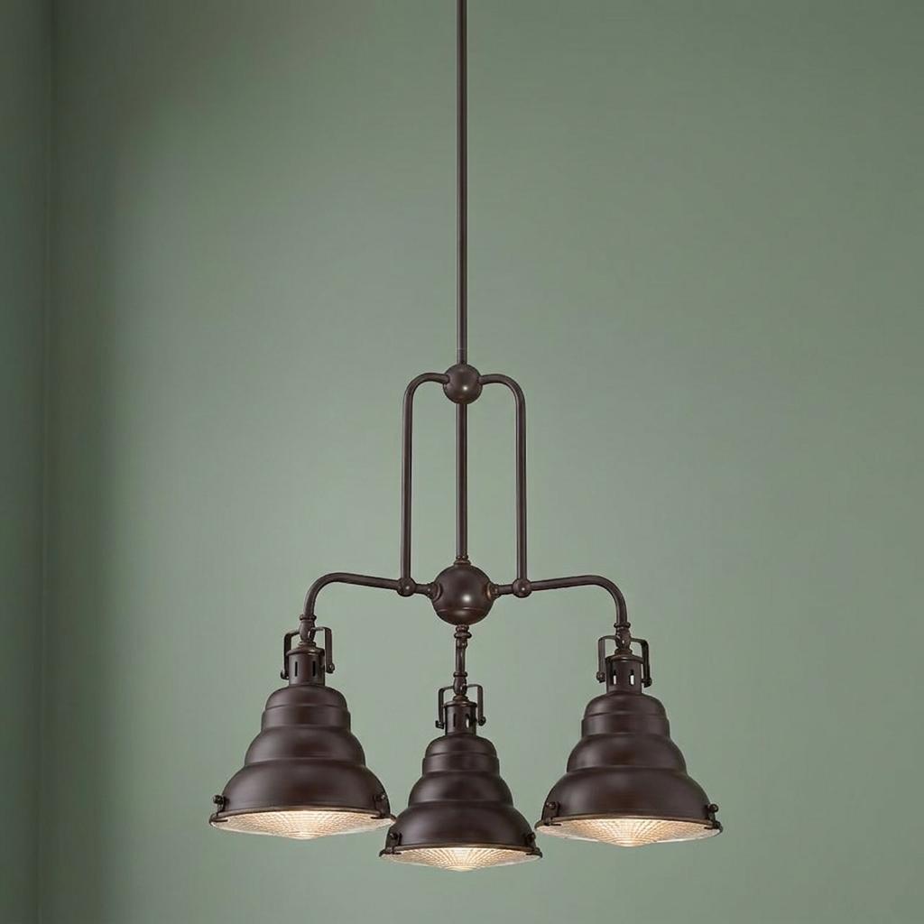 Industrial 3-light chandelier in Palladian bronze with stepped metal shades hung against a sage green wall.