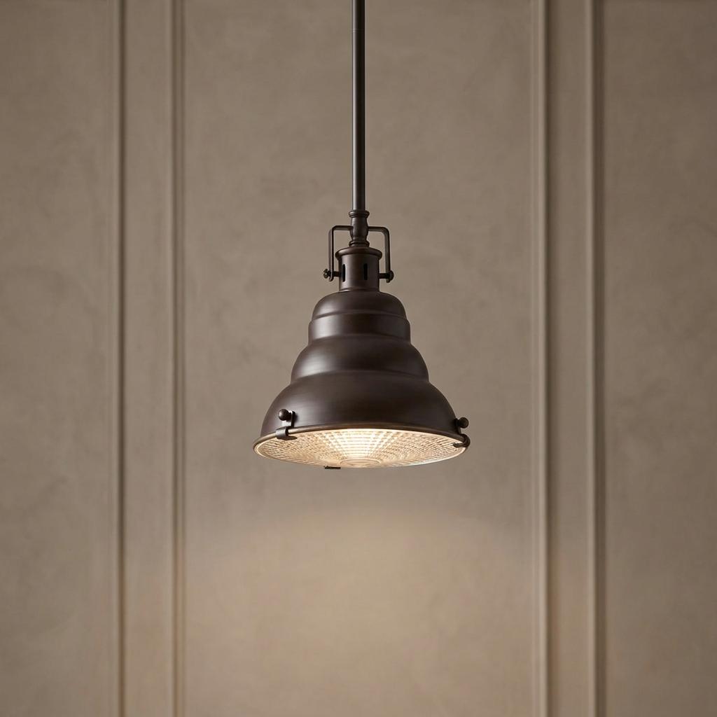 Bronze pendant light with an industrial bell-shaped shade and a glass bottom diffuser hanging in a room.