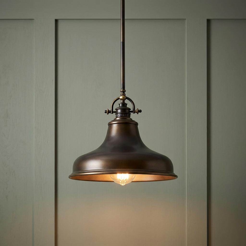 A bronze pendant light with a domed shade hangs against a sage green paneled wall, casting a warm glow.