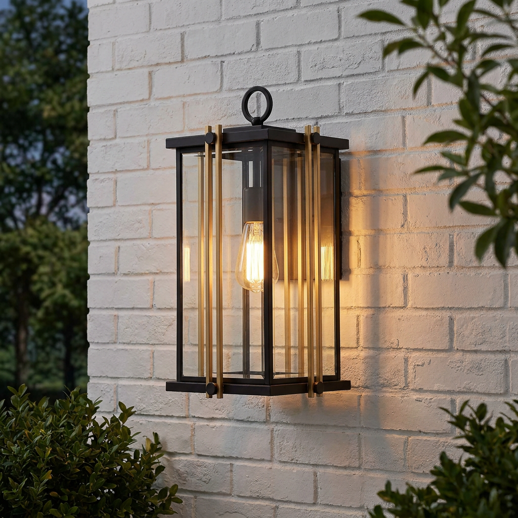 Industrial black and gold outdoor wall lantern with a glowing Edison bulb mounted on a white brick wall.