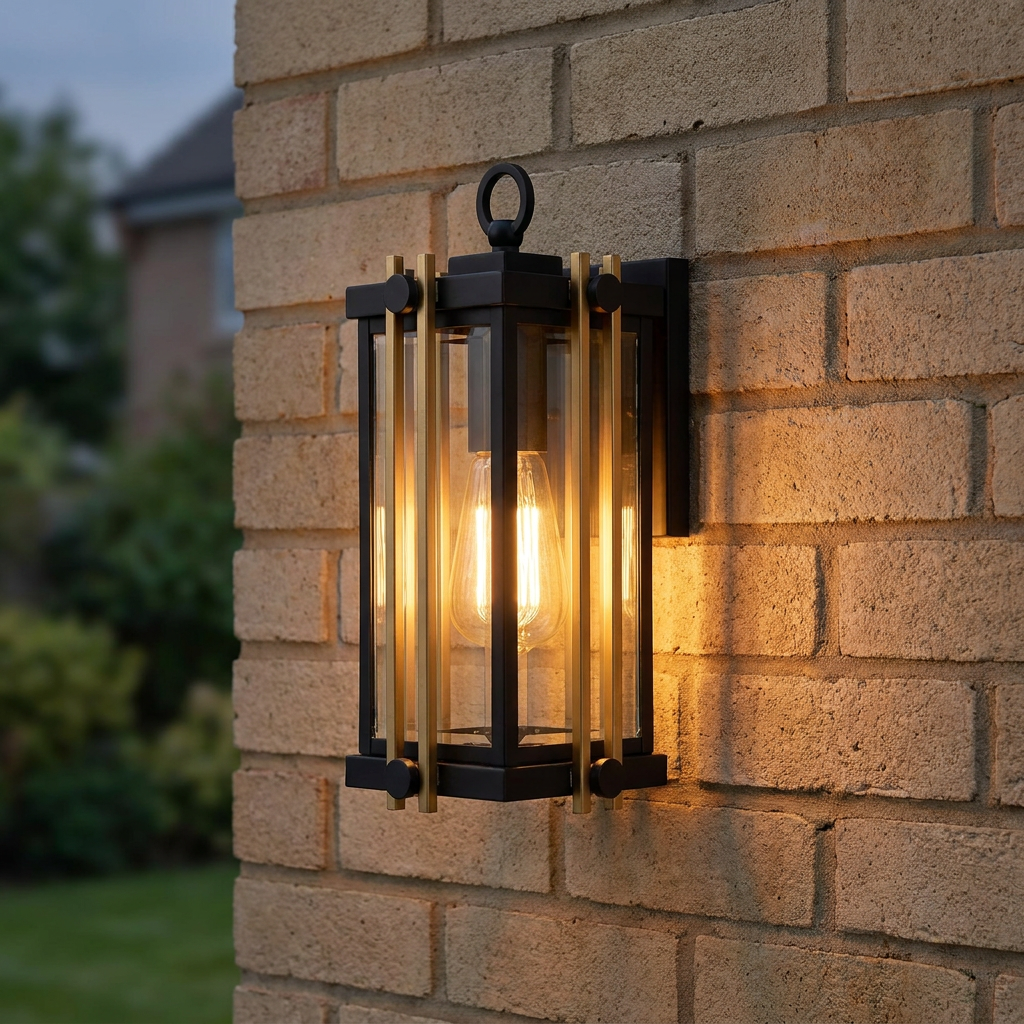 Black and gold lantern-style outdoor wall light with a glowing bulb mounted on a brick wall.