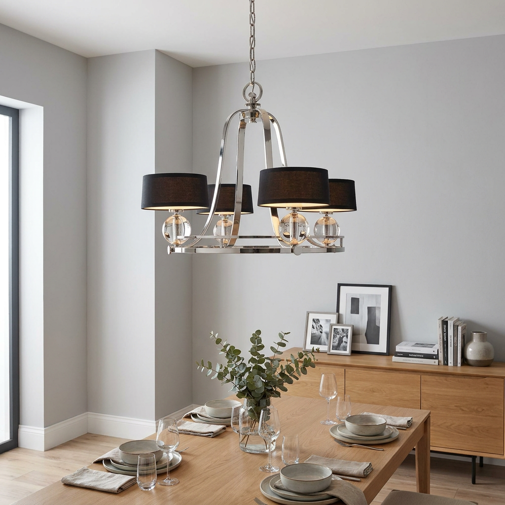A 4-light silver chandelier with black shades hanging over a wooden dining table in a modern room.