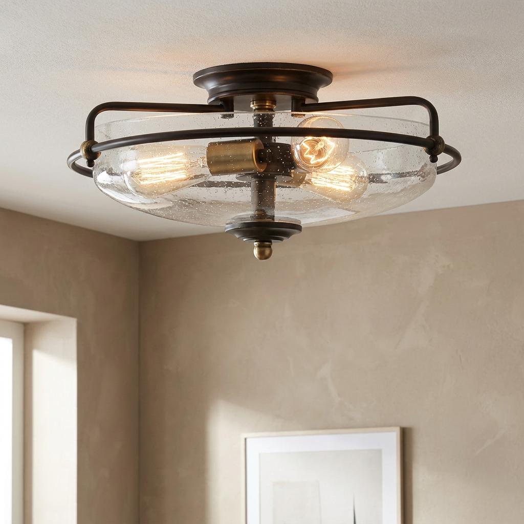 Quoizel Griffin 3-light flush mount featuring a bronze frame and seeded glass bowl on a neutral ceiling.