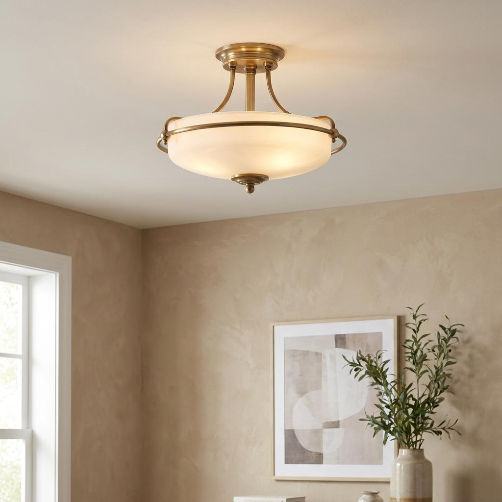 Brass semi-flush ceiling light with a frosted glass bowl shade illuminates a neutral room with beige walls.