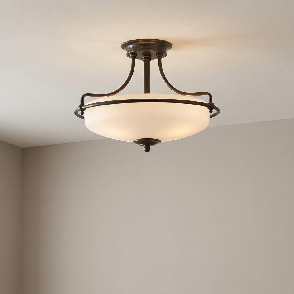 Bronze semi-flush ceiling light with elegant curved arms and a large opal white glass bowl shade.