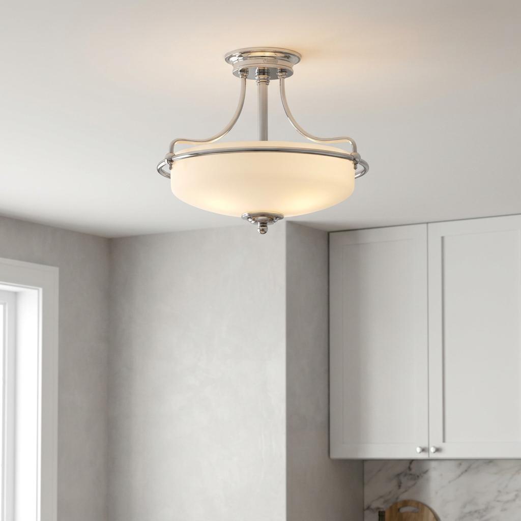 Quoizel Griffin chrome semi flush ceiling light with an etched glass shade in a modern kitchen setting.