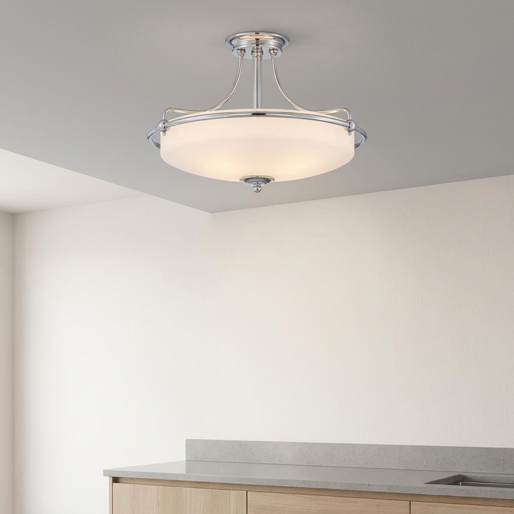 Chrome Art Deco semi-flush ceiling light with an opal glass bowl shade mounted in a kitchen.