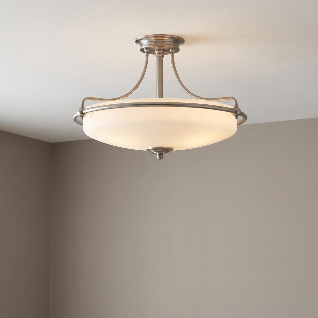 Quoizel Griffin brushed nickel semi-flush ceiling light with white opal glass shade on a neutral ceiling.