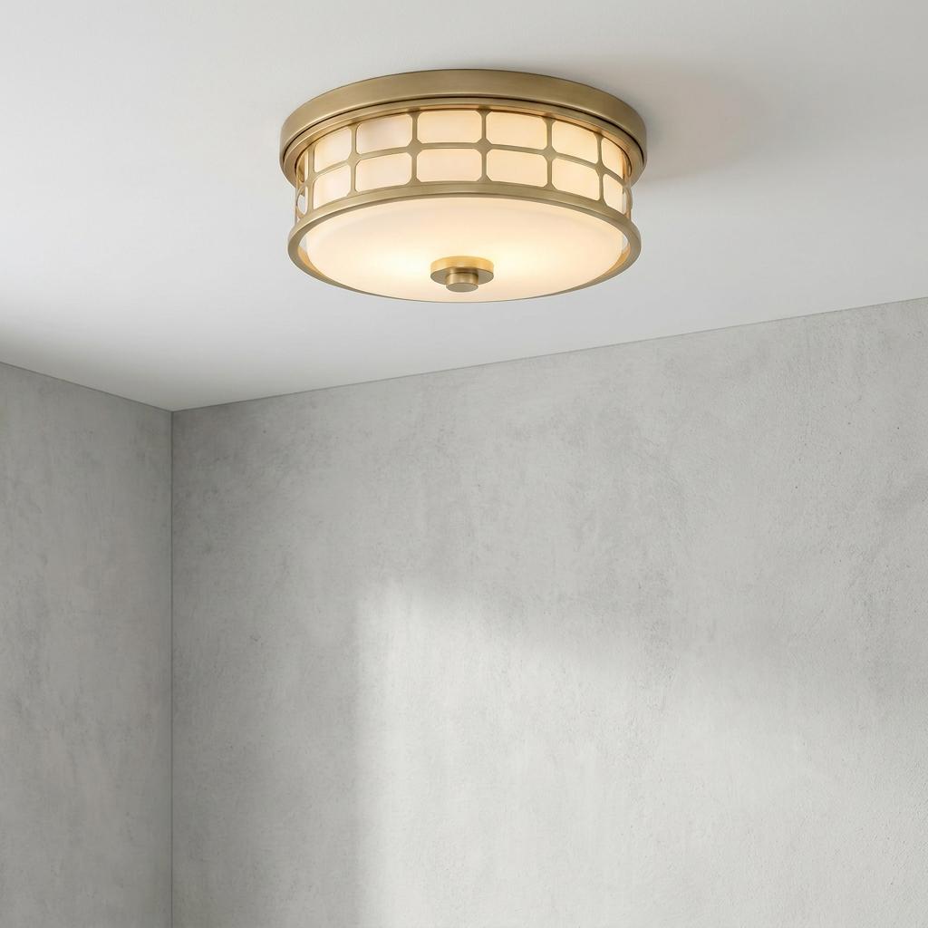 Brass bathroom flush mount ceiling light with a latticed frame and opal glass diffuser in a modern room.