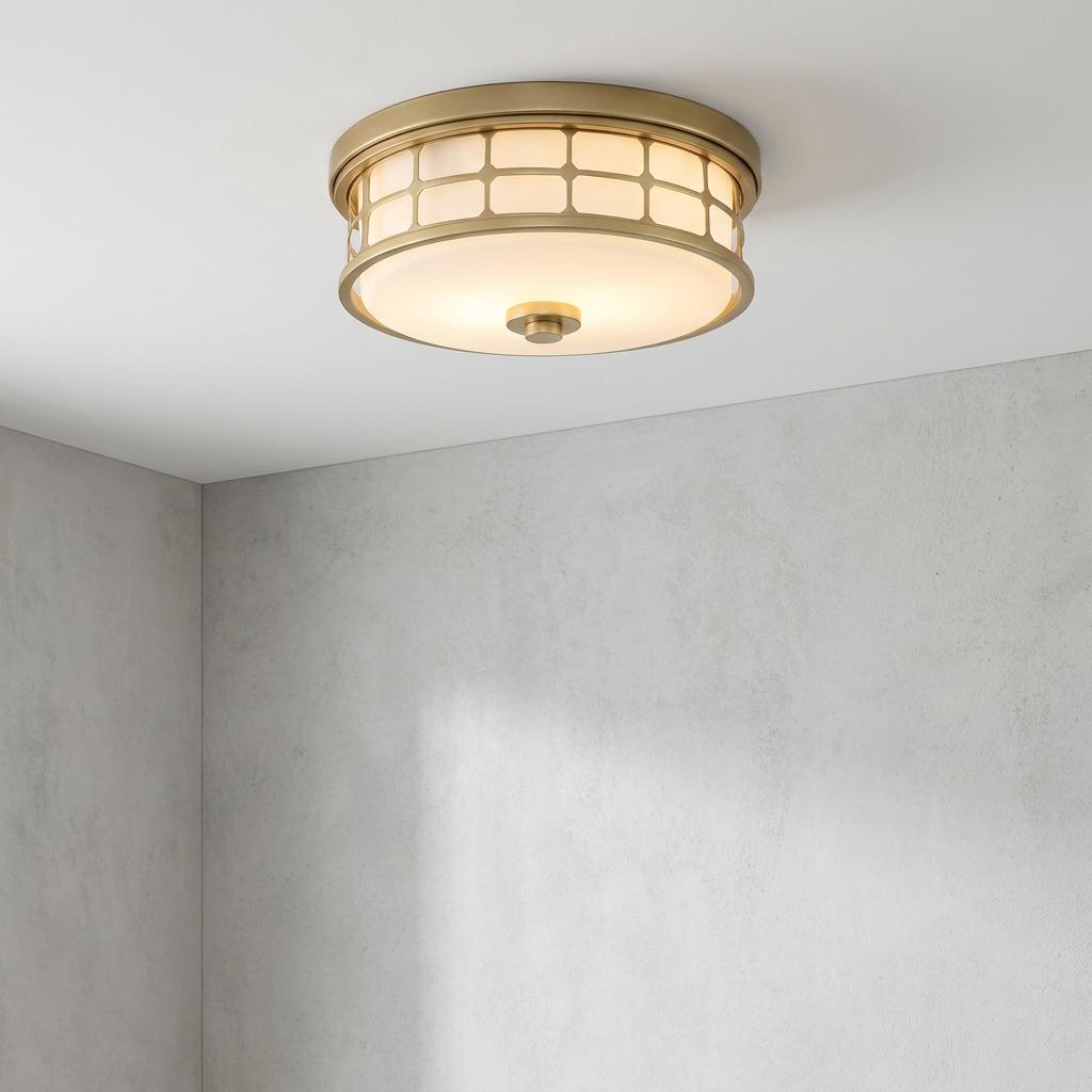 Brass flush mount ceiling light with a decorative grid pattern and opal glass diffuser.