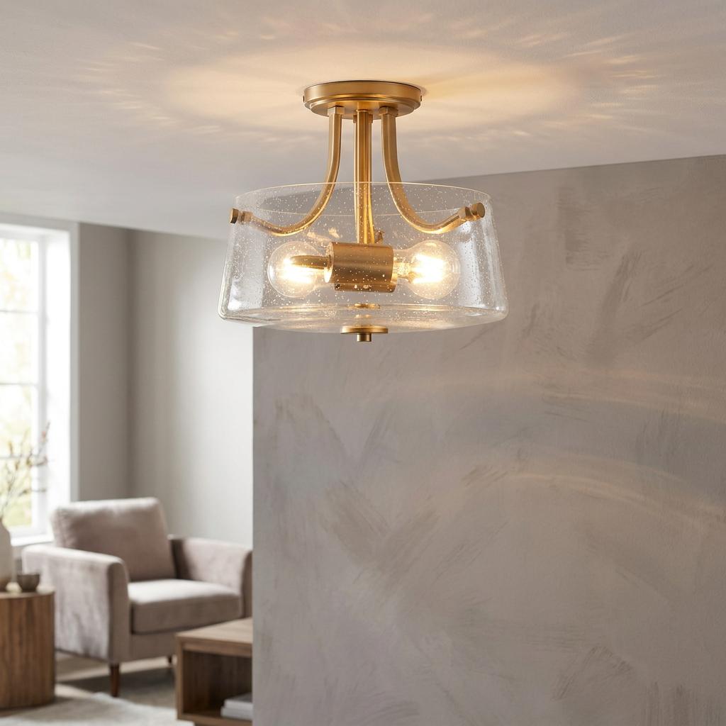 Quoizel Hollister 2-light brass semi-flush mount with clear seeded glass shade illuminated in a modern living room.