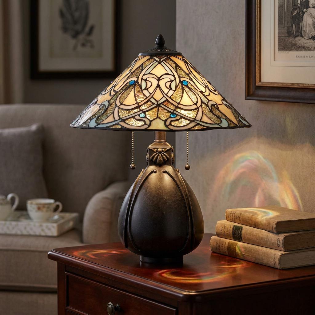 Tiffany-style table lamp with intricate stained glass shade and bronze base on a wooden side table.
