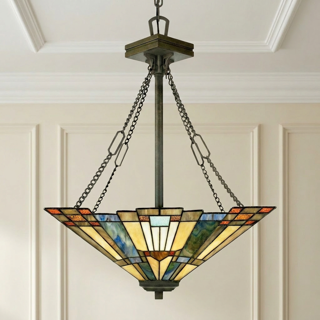 Inverted Tiffany ceiling light with a geometric stained glass shade hanging in a room with wall paneling.