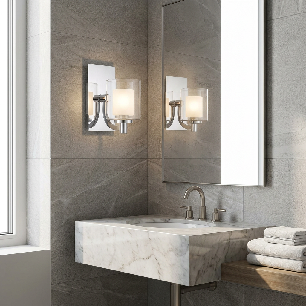 Modern chrome wall light with double glass shades mounted in a contemporary marble and grey tiled bathroom.