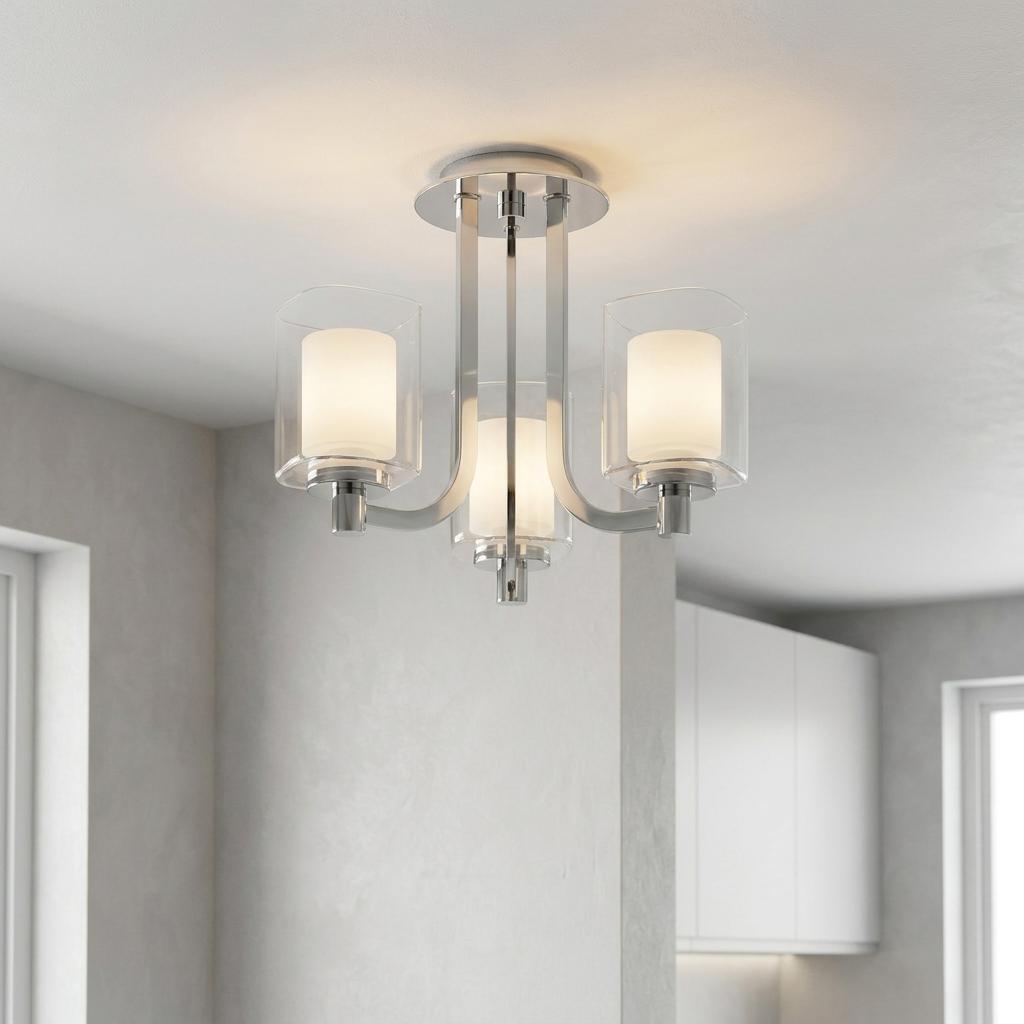Quoizel Kolt 3-light semi-flush mount with chrome finish and dual glass shades in a bright room.