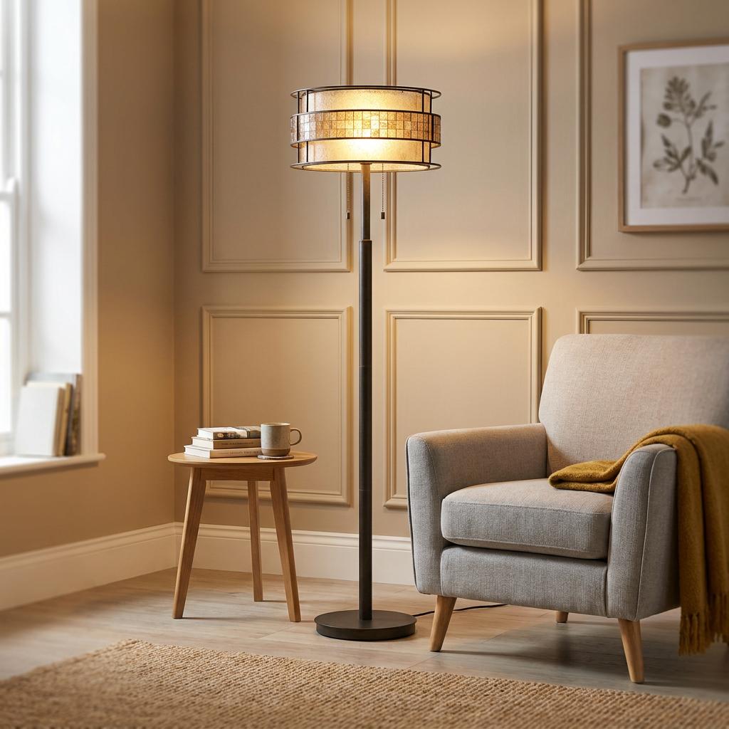 Quoizel Laguna mosaic floor lamp with a glowing copper shade in a cozy living room next to a grey armchair.