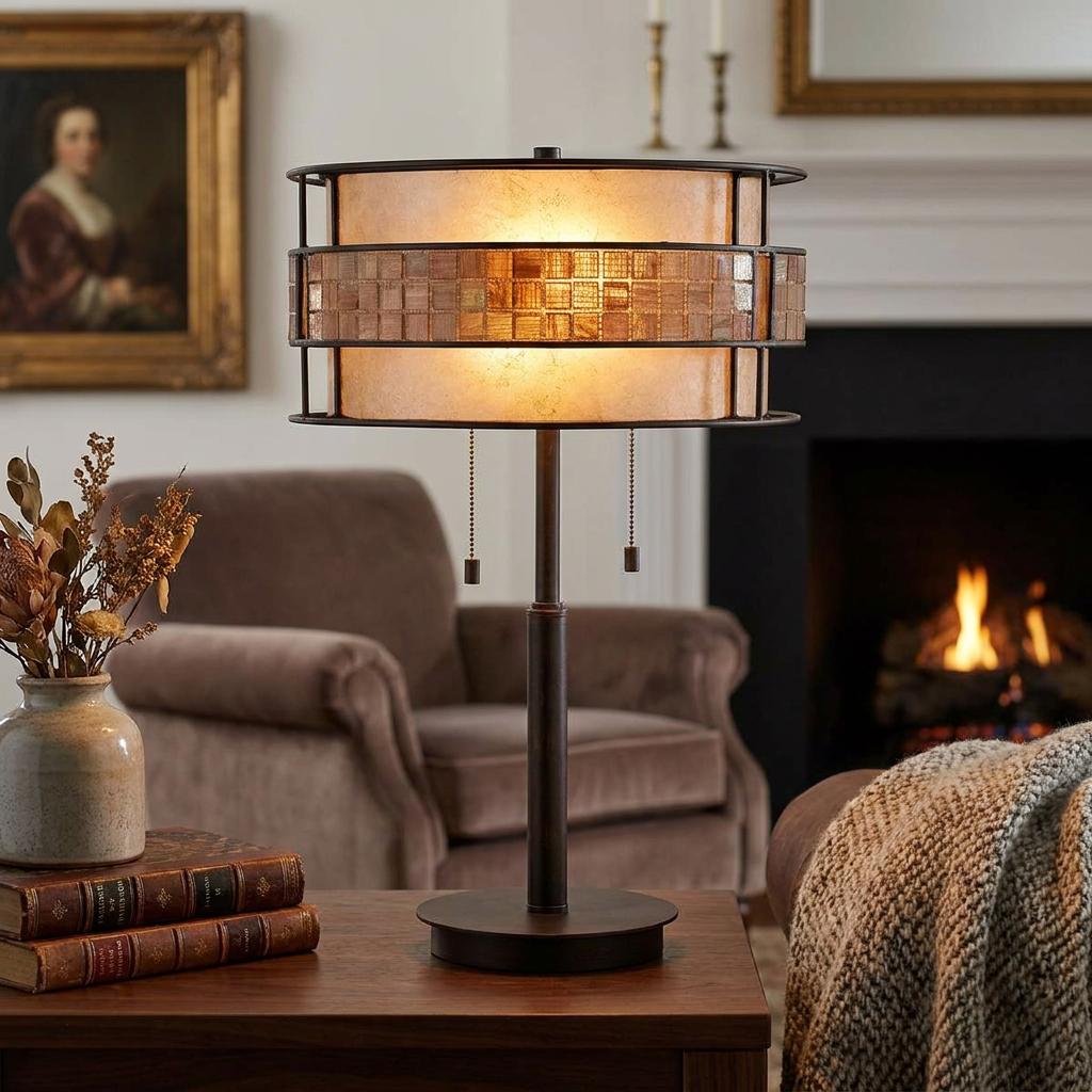 Warmly lit copper table lamp with a mosaic shade on a side table in a cozy living room with a fireplace.
