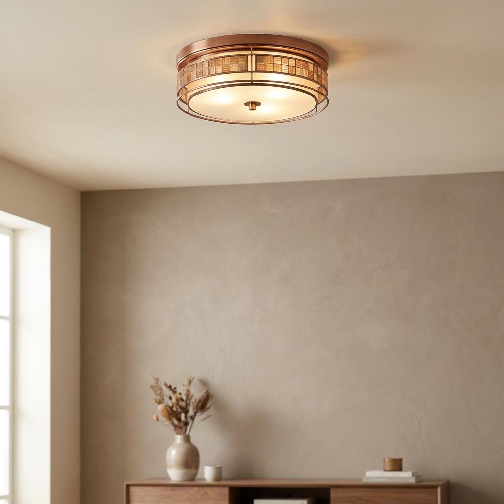 Quoizel copper flush mount ceiling light with mosaic glass detailing installed in a modern interior.